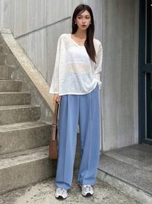 DAZY Suéter sólido de cuello en V con hombros caídos sin top tubo transparente de otoño - Blanco - Ver 4