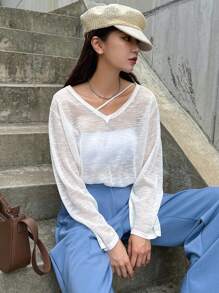 DAZY Suéter sólido de cuello en V con hombros caídos sin top tubo transparente de otoño - Blanco - Ver 3