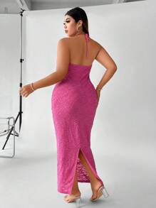 Celure Plus Solid Halter Neck Dress - Hot Pink - View 2