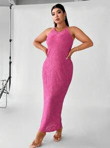 Celure Plus Solid Halter Neck Dress - Hot Pink - View 3