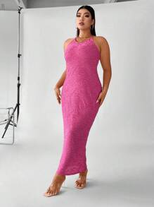 Celure Plus Solid Halter Neck Dress - Hot Pink - View 4