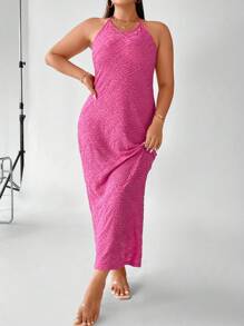 Celure Plus Solid Halter Neck Dress - Hot Pink - View 5