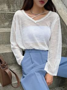 DAZY Suéter sólido de cuello en V con hombros caídos sin top tubo transparente de otoño - Blanco - Ver 7