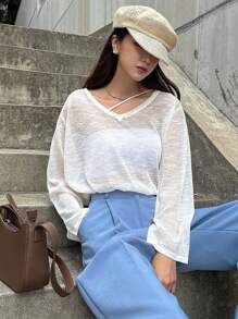 DAZY Suéter sólido de cuello en V con hombros caídos sin top tubo transparente de otoño - Blanco - Ver 8