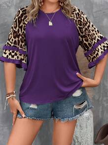EMERY ROSE 大碼豹紋印花荷葉袖T恤 - 紫色 - 查看 1