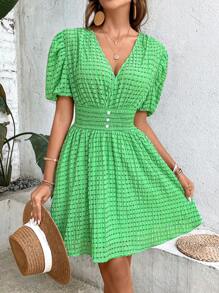 Breezaya 腰部打褶泡泡袖連衣裙 - 綠色 - 查看 2