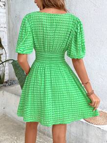 Breezaya 腰部打褶泡泡袖連衣裙 - 綠色 - 查看 3