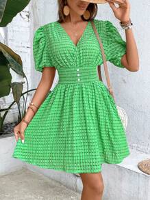 Breezaya 腰部打褶泡泡袖連衣裙 - 綠色 - 查看 1