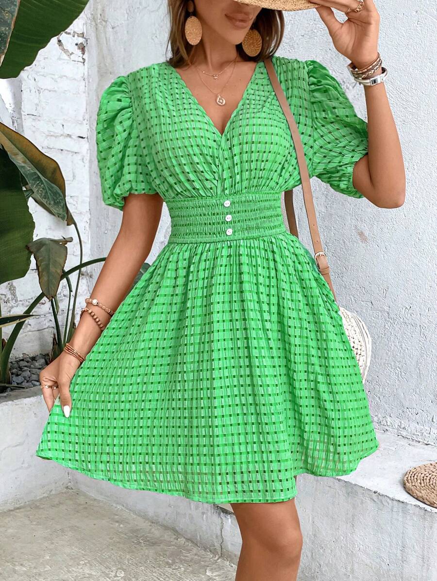 Breezaya 腰部打褶泡泡袖連衣裙 - 綠色 - 查看 1