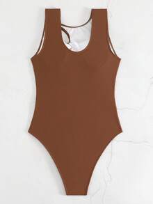 鏤空褶邊連體泳衣 - 咖啡棕 - 查看 2