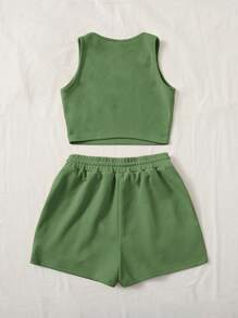 SHEIN EZwear 大碼素色背心上衣和腰部抽繩短褲 - 橄欖綠 - 查看 2