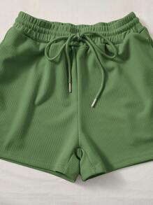 SHEIN EZwear 大碼素色背心上衣和腰部抽繩短褲 - 橄欖綠 - 查看 5