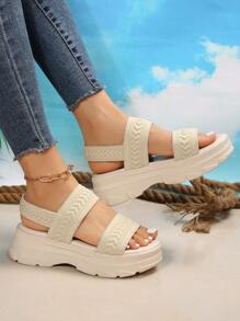 女士極簡露跟運動淺褐色彈性運動涼鞋 - 米色 - 查看 2