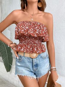 SHEIN VCAY Ditsy Floral Print Ruffle Trim Tube Top - Multicolor - View 1
