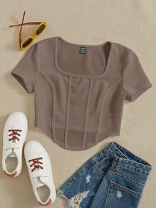 SHEIN EZwear Square Neck Seam Detail Asymmetrical Hem Tee