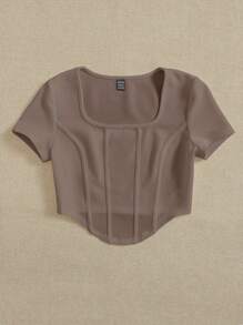 SHEIN EZwear Square Neck Seam Detail Asymmetrical Hem Tee