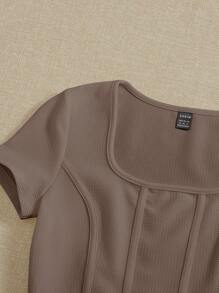 SHEIN EZwear Square Neck Seam Detail Asymmetrical Hem Tee