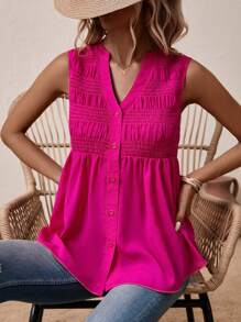SHEIN LUNE Camisa sin manga unicolor con botón delantero - Rosa Fucsia - Ver 3