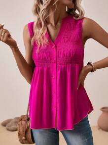 SHEIN LUNE Camisa sin manga unicolor con botón delantero - Rosa Fucsia - Ver 1