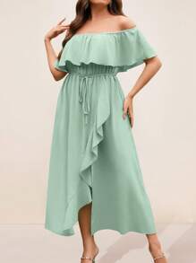 SHEIN Holidaya Plus Off Shoulder Ruffle Trim Wrap Hem Dress - Mint Green - View 3