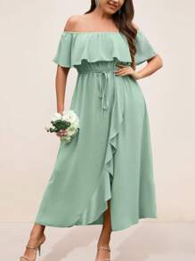 SHEIN Holidaya Plus Off Shoulder Ruffle Trim Wrap Hem Dress - Mint Green - View 1