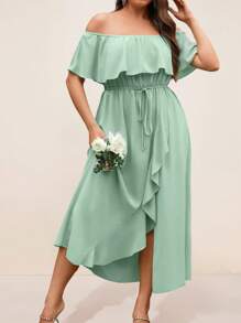 SHEIN Holidaya Plus Off Shoulder Ruffle Trim Wrap Hem Dress - Mint Green - View 5