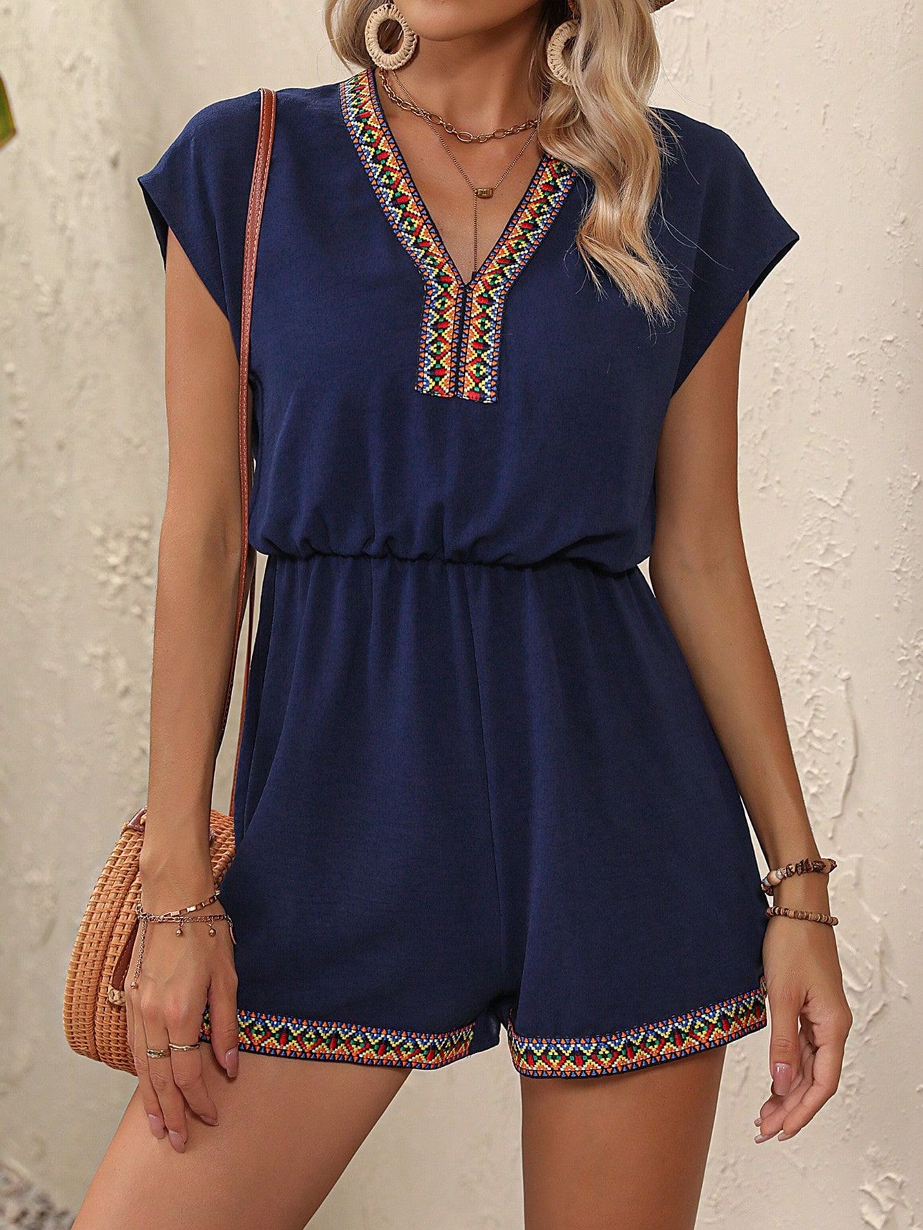 SHEIN VCAY Contrast Geo Tape Dolman Sleeve Romper SHEIN UK