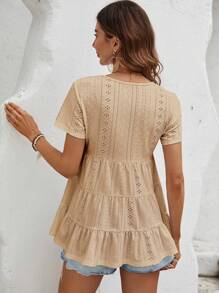 SHEIN VCAY Eyelet Embroidery Ruffle Hem Tee - Khaki - View 2