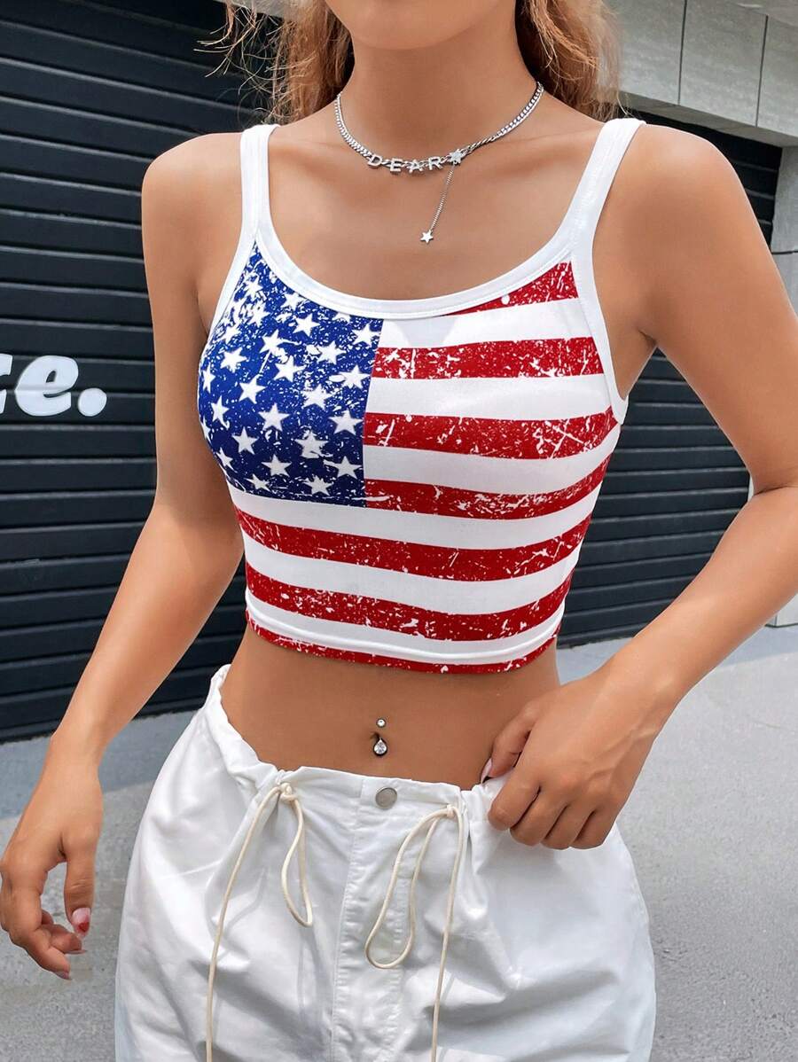 Muchica Summer Outfits Americana Print Crop Cami Top - Multicolor - View 1