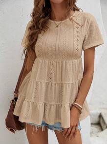 SHEIN VCAY Eyelet Embroidery Ruffle Hem Tee - Khaki - View 4