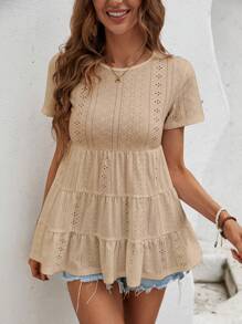 SHEIN VCAY Eyelet Embroidery Ruffle Hem Tee - Khaki - View 5