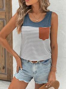 SHEIN LUNE Áo ba lỗ in họa tiết sọc có túi vá dành cho nữ - Nhiều màu - Xem 3