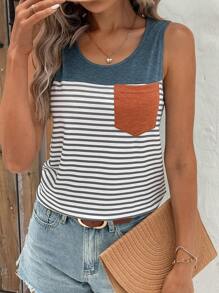 SHEIN LUNE Áo ba lỗ in họa tiết sọc có túi vá dành cho nữ - Nhiều màu - Xem 5