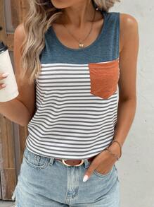 SHEIN LUNE Áo ba lỗ in họa tiết sọc có túi vá dành cho nữ - Nhiều màu - Xem 7