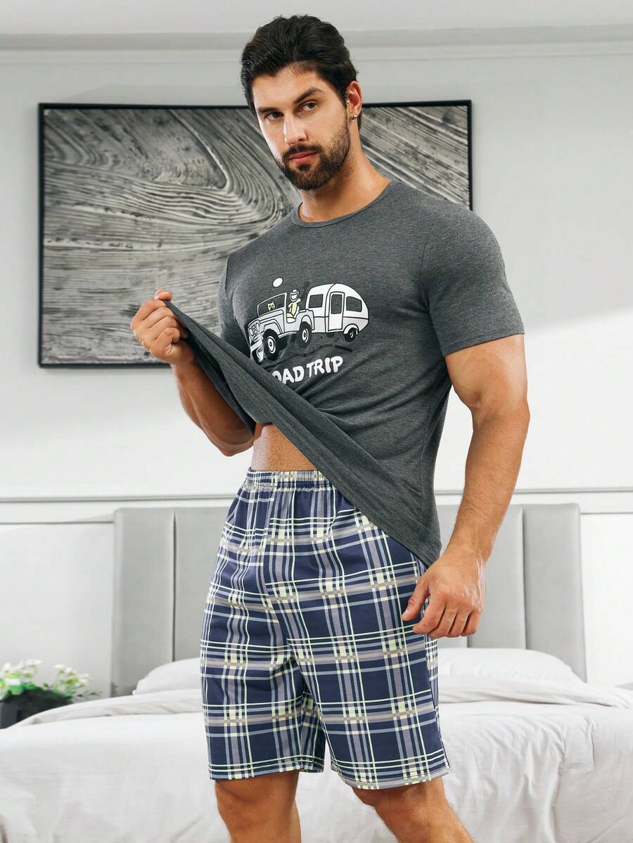 男士汽車和字母圖案睡衣T恤和格紋印花短褲睡衣套裝 - 彩色 - 查看 1