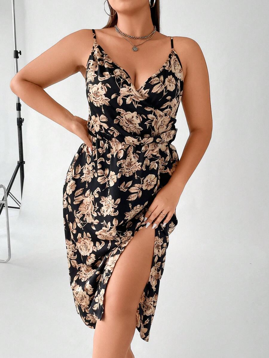 SHEIN Clasi 大碼印花垂領高開叉吊帶連衣裙 - 彩色 - 查看 1