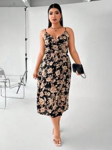 SHEIN Clasi 大碼印花垂領高開叉吊帶連衣裙 - 彩色 - 查看 3