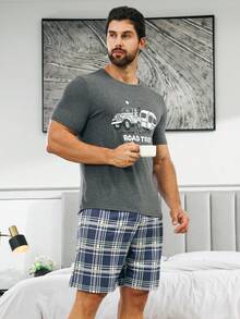 男士汽車和字母圖案睡衣T恤和格紋印花短褲睡衣套裝 - 彩色 - 查看 6