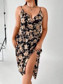 SHEIN Clasi 大碼印花垂領高開叉吊帶連衣裙 - 彩色 - 查看 6