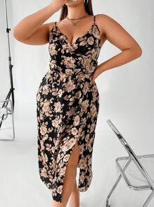 SHEIN Clasi 大碼印花垂領高開叉吊帶連衣裙 - 彩色 - 查看 7