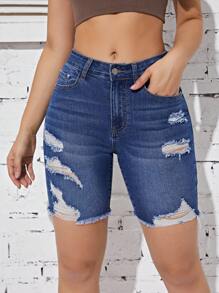 SHEIN EZwear Ripped Raw Hem Denim Shorts - Medium Wash - View 1