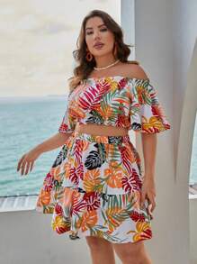 SHEIN VCAY Plus Tropical Print Off Shoulder Crop Top & Skirt - Multicolor - View 3