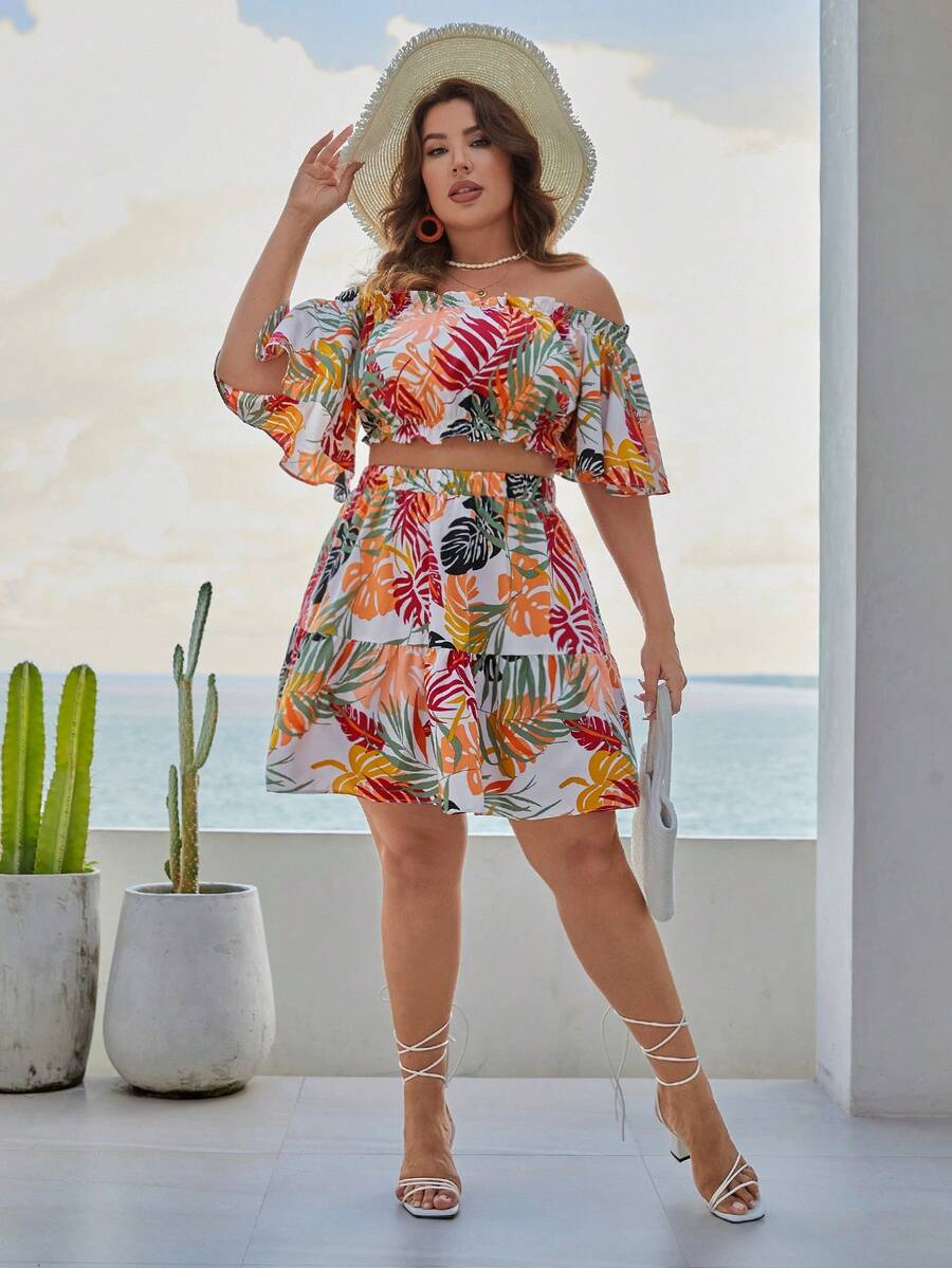 SHEIN VCAY Plus Tropical Print Off Shoulder Crop Top & Skirt - Multicolor - View 1