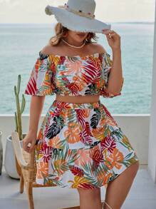 SHEIN VCAY Plus Tropical Print Off Shoulder Crop Top & Skirt - Multicolor - View 6