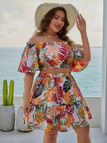 SHEIN VCAY Plus Tropical Print Off Shoulder Crop Top & Skirt - Multicolor - View 7