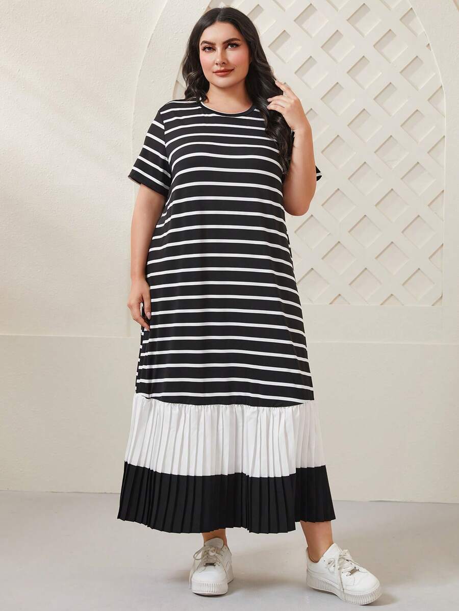 Mulvari Plus Striped Print Pleated Hem Smock Dress - Black - View 1