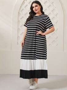 Mulvari Plus Striped Print Pleated Hem Smock Dress - Black - View 3