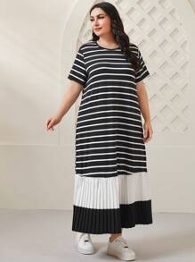 Mulvari Plus Striped Print Pleated Hem Smock Dress - Black - View 4