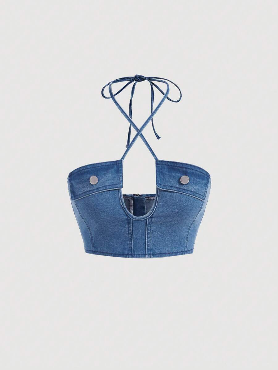 SHEIN ICON 十字交叉後綁帶短款吊脖牛仔上衣 - 中等水洗藍 - 查看 1