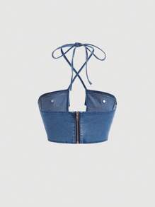 SHEIN ICON 十字交叉後綁帶短款吊脖牛仔上衣 - 中等水洗藍 - 查看 2